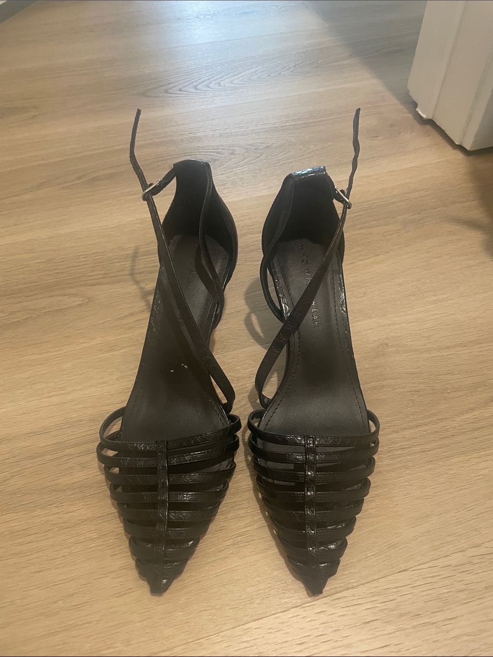 Black Pointed Strappy Heels with Ankle Tie - Women's